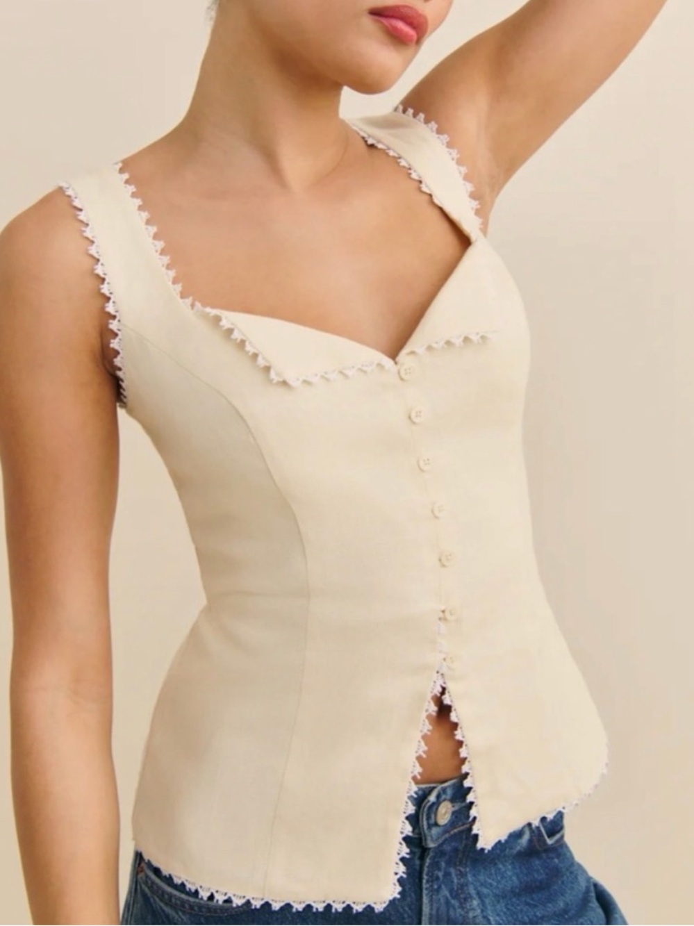 Reformation Cream Lace-Trim Button Front Camisole